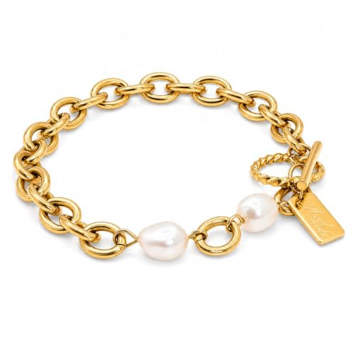 AVERELLE Armband Damen Gold wasserfest im Alltag – Süßwasserperlen Armband 18K Vergoldet, Perlenarmband Gold mit echten Perlen, Chunky Gliederarmband aus 316L Edelstahl, T-Verschluss, 18 cm, Geschenk