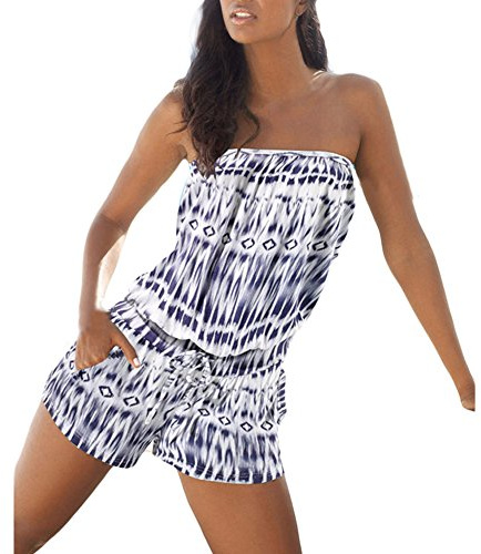 Tidecc Women Ladies Summer Floral Print Tube Jumpsuit Strapless Drawstring Waist Romper Beach Club Wear