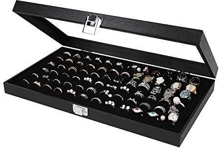 JackCubeDesign Schmuck Ring Display Organizer Lagerungsbox Schachtel Tablett Halter mit 72 Steckplätzen Ring Aussteller (schwarz, schwarzer Samt innen/ 37,3 x 21,1 x 5cm) - :MK248A