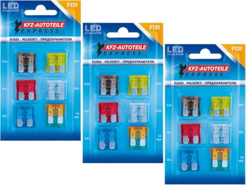 Sortiment, LED-Status KFZ Flachsicherungen, Sicherungen, F131, Set mit 36 Stück, 5A-30A, 19mm