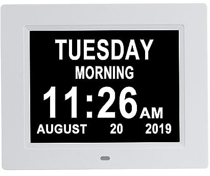 Aowasi Orologio digitale con 8 allarmi, display extra large con calendario giornaliero digitale con sveglia giorno e mese non abbreviati per anziani con disturbi della vista demenza e Alzheimer