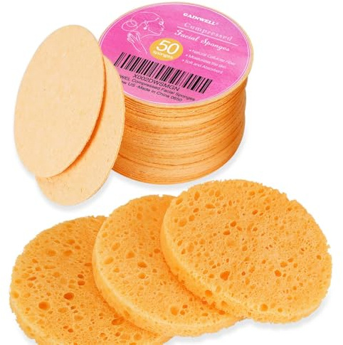 GAINWELL 50-Count Compressed, GAINWELL Cellulose, 100% Natural Cosmetic Spa Sponge for Facial Cleansing, Exfoliating Mask, Makeup Removal