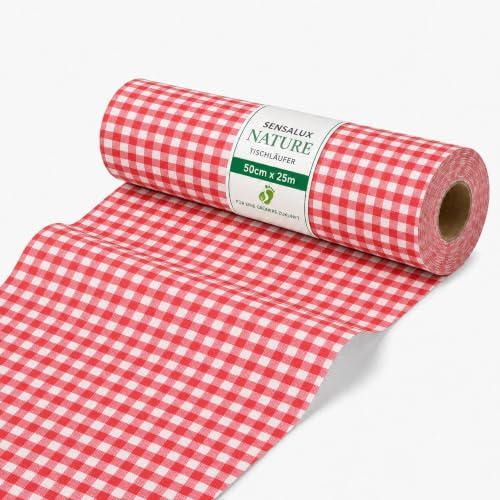 Sensalux Nature Vlies Tischläufer, 50 cm x 25m, Karomuster Weiß-Rot | CO2-neutral, stoffähnliche Meterware, Tischdeko für Hochzeit Geburtstag Party Event Catering