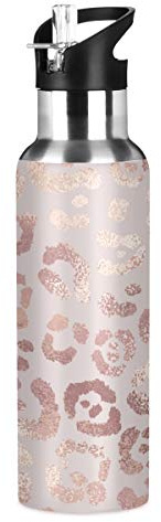 JUMBEAR Fashion Rose Gold Leopard Animal Print Water Bottle Acuum Insulated Stainless Steel Leakproof Wide Mouth Kettle with Straw Lid for Fitness Gym Outdoor Sports