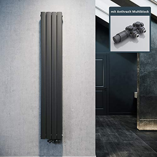 ELEGANT Design Heizkörper Flach 1800x308mm mit Anthrazit Multiblock Thermostat Flachheizkörper Anthrazit Doppellagig Vertikal Heizkörper Mittelanschluss