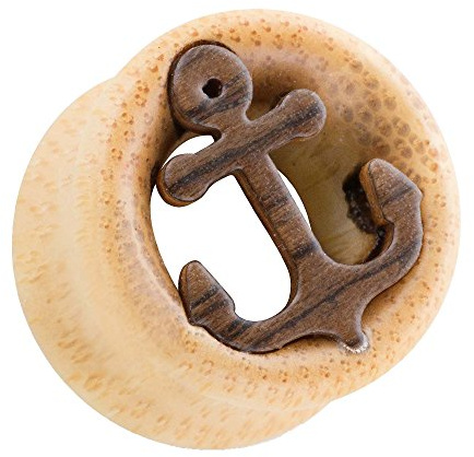 Taffstyle Ohr Plug Flesh Tunnel Piercing Ohrpiercing Holz Organic Rockabilly Anker Inlay Braun