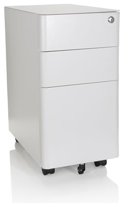 hjh OFFICE 743018 Caisson à roulettes étroit Color I Acier Blanc Armoire à tiroirs avec roulettes, dossiers Suspendus A4, verrouillable