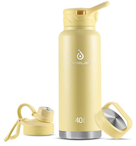 IDEUS - Insulated stainless steel water bottle with 2 leak proof lids, thermal water bottle for hiking and cycling, 40 oz, light yellow