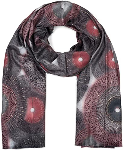 styleBREAKER Damen Schal Ethno Spiralen Metallic | 72x192 cm Format, weiches wärmendes Gewebe, kurze Fransen-Abschlüsse an den Enden, flexibel als große Schulter-Stola nutzbar.