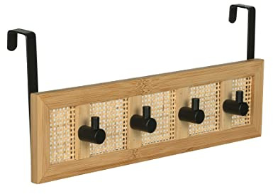 WENKO Türgarderobe Allegre, dekorative Garderobe zum Einhängen aus hochwertigem Bambus und Rattan-Geflecht im trendigen Boho-Style, mit 4 Haken aus matt lackiertem Stahl, 33 x 14 x 6 cm, Natur/Schwarz