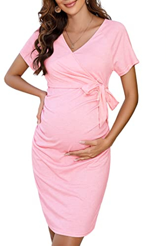 KOJOOIN Robe de maternité élégante pour Femmes Robe de Grossesse à col en V Robe d'allaitement avec Robe Droite à Plis,Rosa(Kurzarm) M