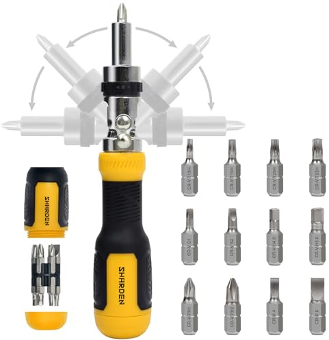 SHARDEN Ratcheting Multi Bit Screwdriver - 13-in-1 Tool Set, Flat Head/Square/Torx/Hex/Phillips, 180 Degree Pivoting Adjustable Angle Magnetic Screwdriver