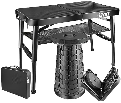 ZTMT Folding Table and Stool, Small, Black, 4 Foot Outdoor Portable Table, Adjustable Height, Camping, Picnic, RV Table, 55lbs Load-Bearing, Lightweight