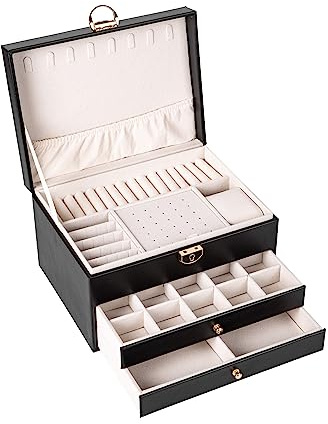 BESTIF Schmuckkästchen Schmuckbox Schmuckkasten Groß Ketten PU Leder Jewellery Box (Schwarz)