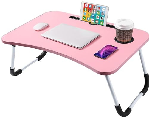 NTEK Laptop Bed Table | Portable Standing Desk with Foldable Legs & Cup Slot | Notebook Table for Laptop, Eating, Reading, Watching Movie on Bed/sofa (PINK)