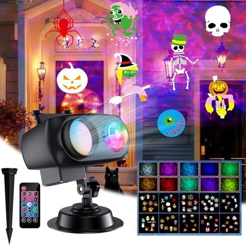 COOLWUFAN Halloween Christmas Projector Lights Decorations, 2025 Upgrade Outdoor Indoor Holiday Projector Lights with Remote and 20 HD Effects(3D Ocean Wave) for Xmas Halloween Party Yard Decor