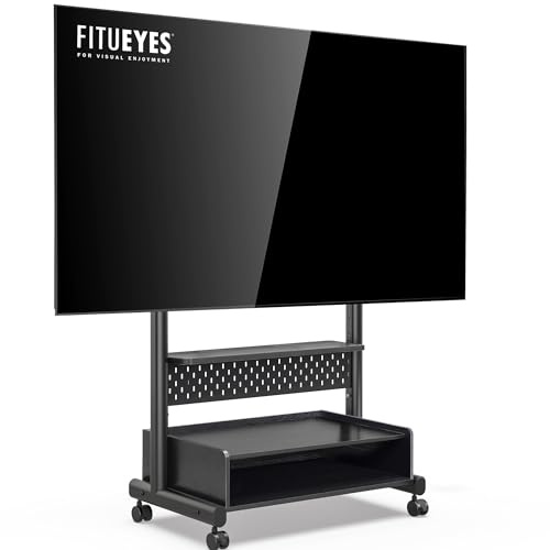 FITUEYES TV Floor Stand on Wheels for 40-85 Screens, Rolling TV Stand Cart with Peg Board, Height Adjustable, Lockable Casters & Storage Cabinet Holds 60kgs, Black, K Series