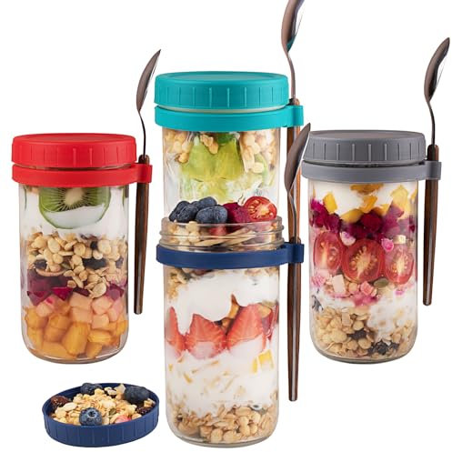 Overnight Oats - Lot de 4 bocaux en verre avec couvercles et cuillères - Grande capacité - Pour lait, céréales, yaourt, fruits