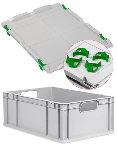 Eurobox NextGen Economy 60x40x22cm Griffe offen mit Auflagedeckel grau, Kunststoffbox 44 Liter stapelbar, Transportbox Campingbox lebensmittelecht, Farbe Deckel-Verschlüsse wählbar (Verschluss Grün)