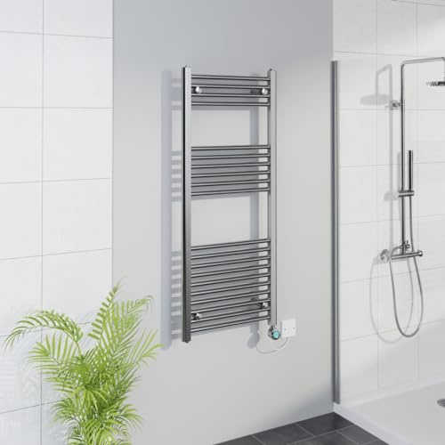 Warmehaus WiFi Electric Bathroom Straight Radiator Timer 1200x500mm Chrome | Thermostatic, Smart LCD Display, Child Lock, T Piece, Prefilled, Electric Heated Towel Rail Warmer, Energy Efficient