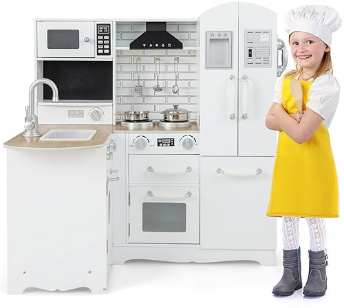 GOPLUS Cuisine Enfant en Bois, Jouet de Cuisine avec Réfrigérateur, Évier, Micro-Ondes, Cuisinière, Lave-Vaisselle, Téléphone, Poêle, Casserole, Ustensiles de Cuisine, Cadeau pour Enfant 3+ Ans