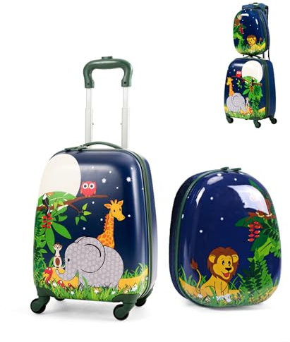 SOARS Kinderkoffer & Rucksack, Kindertrolley mit Rollen & verstellbarem Griff, Koffer Set, Kindergepäck, Reisekoffer Kinder Jungen & Mädchen, für Spielzeug, Kleidung (Wald A, 12+16)