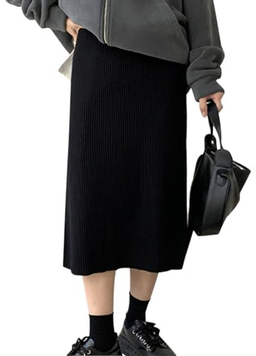 seiveini Donna Gonna Lunga Elegante a Vita Alta Gonna a Tubino in Maglia Elastica Gonne Donna Aderente Elasticizzata Gonna Donna Invernali Calde A Linea Vintage Tinta Unita D Nero XL