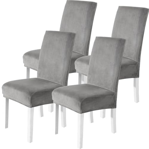 CYCMACO Stuhlhussen Samt 4er Set, Stretch Stuhlüberzieher, Stuhlbezug Schwingstuhl, Hussen Für Stühle Hochlehner, Stuhlbezüge Kratzfest, Universal Chair Cover Waschbarer, Hellgrau