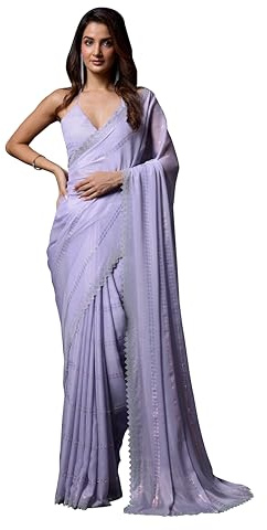 TRENDMALLS Donne saree Chiffon raso Siroski Work Sari, Viola, Etichettalia unica