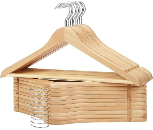 KROWN - Perchas de Madera Natural Antideslizantes con Muescas, Ideales para Trajes, Abrigos, Chaquetas, Camisas y Pantalones, Gancho Giratorio de 360° (Natural, 12 Unidades)