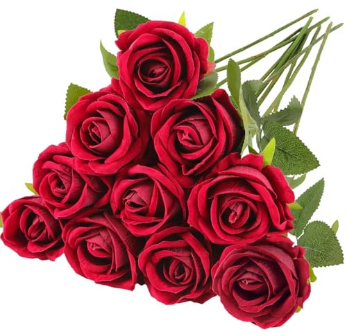 N&T NIETING 10pcs Artificial Roses Silk Fake Flowers, Realistic Single Long Stem Faux Roses Dard Red Rose Bridal Bouqets for Wedding Birthday Party Arrangment Home Decorations