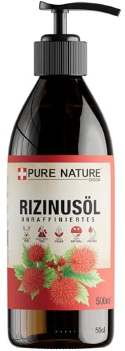 CHOSA Bio Rizinusöl Kaltgepresst Unraffiniert 100% Reines 500 ml + Spender - Rizinus Öl Haare, Haut, Bart, Wimpern - Vegan Massageöl & Haaröl - für DIY Kosmetik - Castor Oil 500ml Flasche