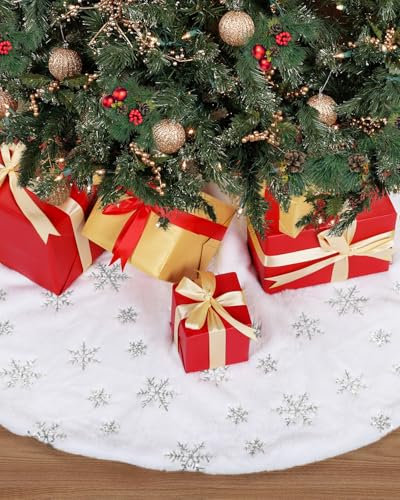 Weihnachtsbaum Decke Fell, Weihnachtsbaumdecke Rund 122cm, Schneedecke Tannenbaum Teppich, Christbaumdecke Baumdecke Weihnachtsbaum weiß mit Silber Schneeflocken, Christbaum Unterlage Unterdecke