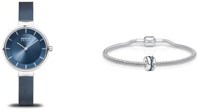 BERING Damen Solar Uhr und Armband Set in Silber-Blau |31 mm Edelstahlgehäuse | 190mm Armband | 14631-307 | BMY5-S-ME
