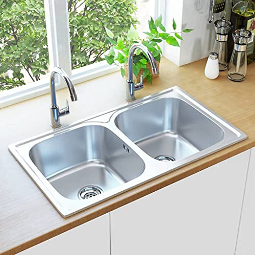 Furniture Select Évier de cuisine double lavabo avec filtre et siphon en acier inoxydable