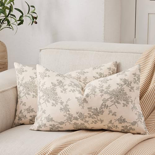 YZJZEDS 100% Cotton French Pastoral Lumbar Throw Pillow Covers Set of 2, 12x20 Inch Green Farmhouse Decorative Cushion Covers for Sofa Bed Living Room Home Decor