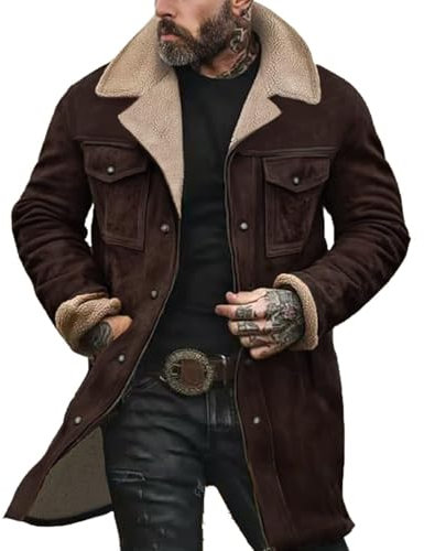 Herren-Jacke aus Wildleder, Vintage-Stil, Sherpa-Fleece, gefüttert, warm, dick, braun, Umlegekragen, Klappentaschen, Trucker-Jacke, Winter, lässig, Western-Kunstfell, Schaffell, übergroßer