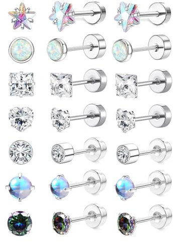 7 Pairs Titanium Earrings for Girls - Hypoallergenic Screw Back Studs Piercing Sets, Classic Fashion Jewelry Flat Back Earrings Gift for Everyday Wear