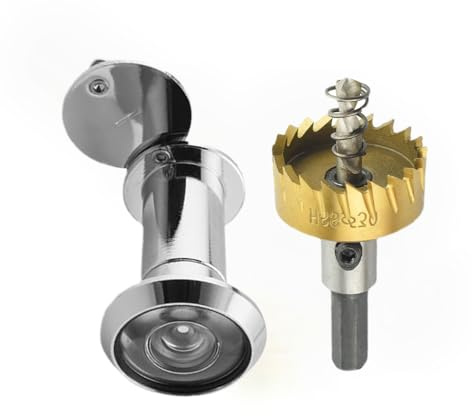 Security Peephole Door Viewer with with 16mm (5/8) Drill Bit, Solid Brass 220 Degree Wide-Angle Spy Hole Viewer with Privacy Cover for 35-60mm Thick Doors Peep Hole, Steel Color