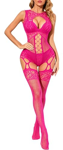 Leypafy Bodystocking in Pizzo Senza Maniche per Donna Body Sexy a Rete Jumpsuit Incrociato in Rete(WXKD-Rose)