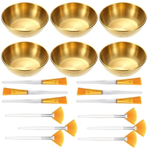 Set di 18 accessori estetici per trattamenti per il viso, 6 ciotole per mescolare in acciaio inox dorato, 6 pennelli per maschera a ventaglio e 6 pennelli applicatori piatti per estetiste e spa