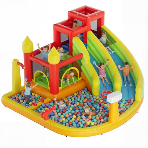 Warmiehomy Inflatable Bouncy Castle with Slide Bounce Water Park with Air Blower Splash Pool Water Cannon and Climbing Wall for Garden Park Backyard Birthday Gifts