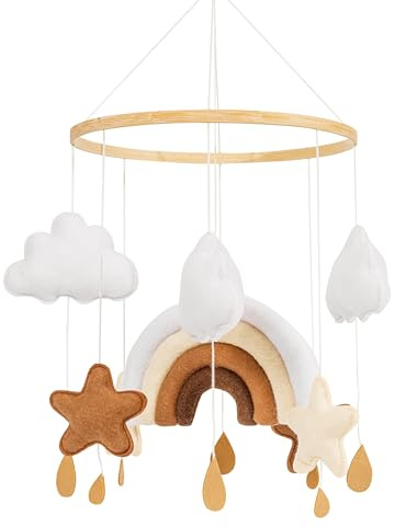 Mobile Baby Babybett Windspiel Filz | Regenbogen, Sterne & Wolken | hängende Dekoration Wickeltisch | Boho Beige Creme | Neugeborenen Geschenk | Bettglocke Babyzimmer Kinderzimmer Deko für Jungen und