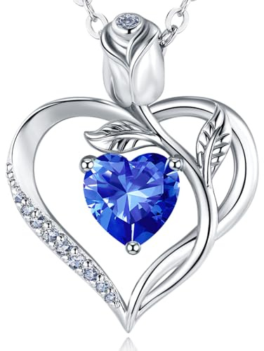 JACUPO Damen Geburtsstein Halskette 925er Silber, Herzrose Anhänger. | Verstellbare Kette mit I LOVE YOU, funkelnder Moissanit Schmuck, elegantes Geschenk für Geburtstag, Valentinstag , Jahrestag.