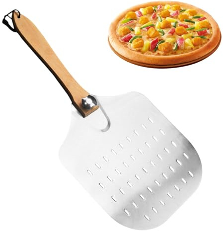 Perforated Aluminum Metal Pizza Peel 12 inch, Pizza Paddle with Holes, Pizza-Spatula with Long Wood Handle Turning Peel Pizzas Oven Accessories for Baking Pizzas and Artisan Breads