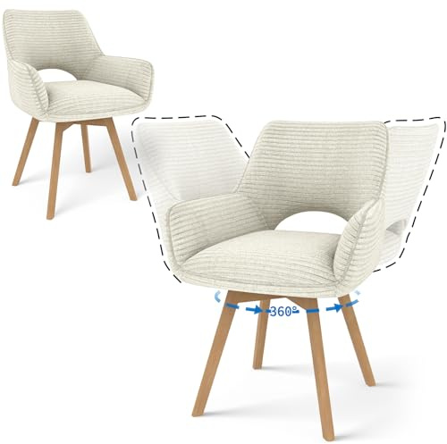 JIJIAN 2er Set 360° Drehbare Esszimmerstühle mit Armlehnen, Beige | Drehbar Stühle Esszimmer mit Holzbeinen, Moderner Küchenstuhl aus Cord, Polsterstuhl für Esszimmer, Küche, Wohnzimmer