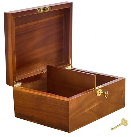 Wood Box Large Decorative Acacia Wooden Storage Hand-Crafted box Hinged Lid Locking Key Removable and Divider Premium Keepsake Memory Chest Gift Boxes 11 X 8.5 X 5 Inches for Jewelry Photos Valuables