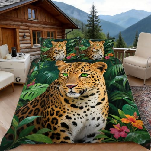 Funda Nordica Cama 135/150 Leopardo de la Selva 3D Fundas Nordicas Flor 3pcs Ropa de Cama Microfibra Suave Funda Nordica 220 x 240 y 2 Funda de Almohada 50x80 cm