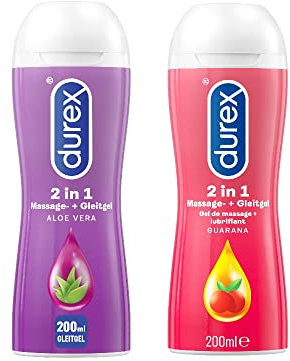 Durex Play 2in1 Massage- & Gleitgel Guarana + Durex Play 2in1 Massage- & Gleitgel Aloe Vera – Wasserbasiertes Gleitgel für innige Erlebnisse zu zweit – 2 x Spender à 200 ml