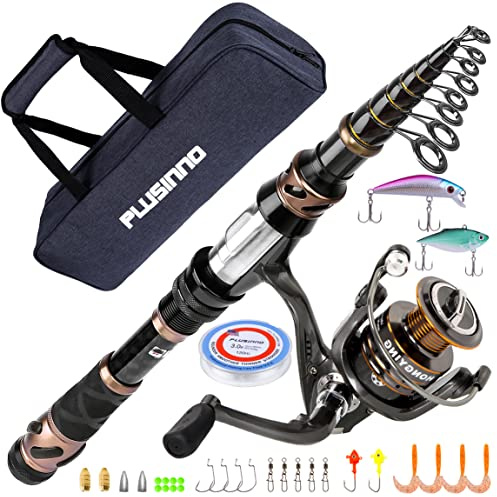 PLUSINNO Angelrute und Rollen-Combos, Toray 24-Ton Carbon Matrix Teleskop-Angelrute, 12 + 1 geschirmte Kugellager, Edelstahl BB Spinnrolle, Komplettes Set mit Tragetasche, 2.7M 8.86FT